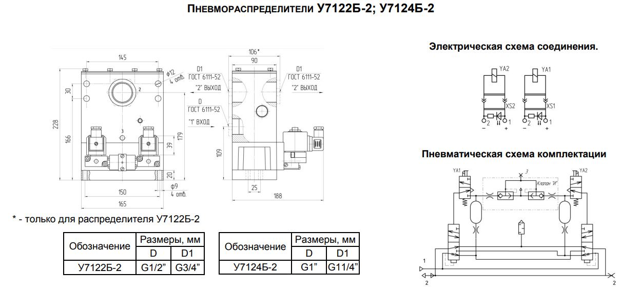 Пневмораспределители У7122Б-2; У7124Б-2