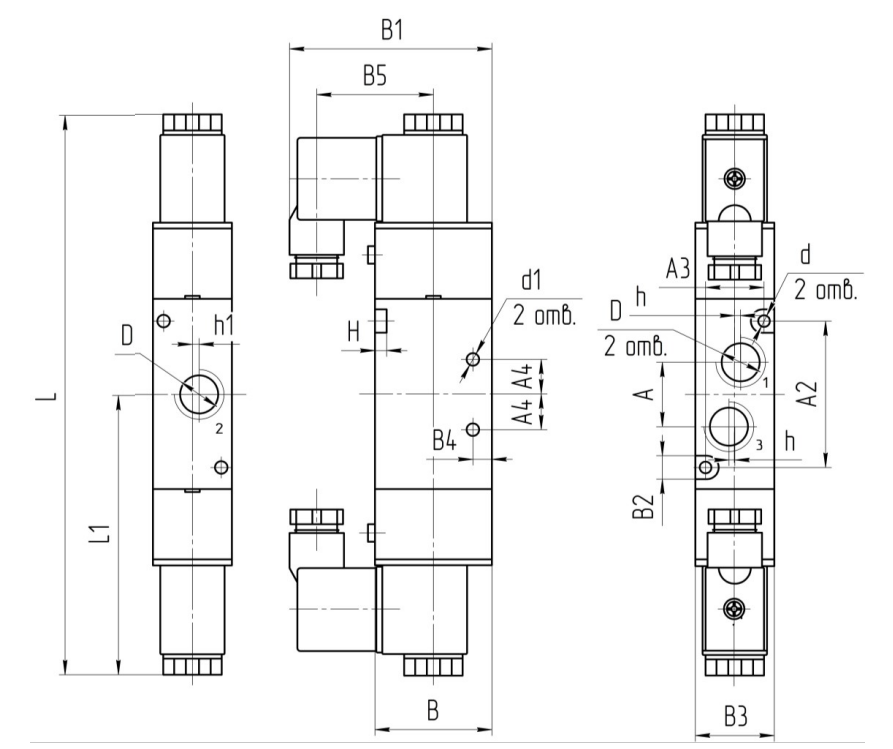 Габаритные и при соедиинительные размеры пневмораспределителя 3Р-4(6;10;16)-232-3