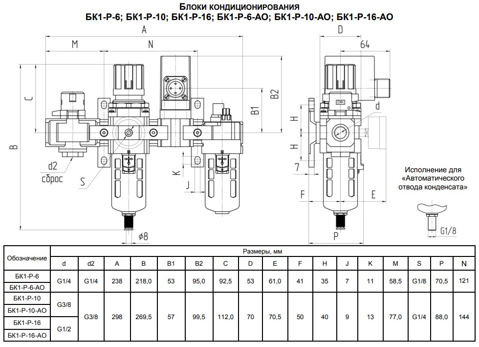 габариты БК1-Р с условным проходом (Ду) 6; 10; 16 мм