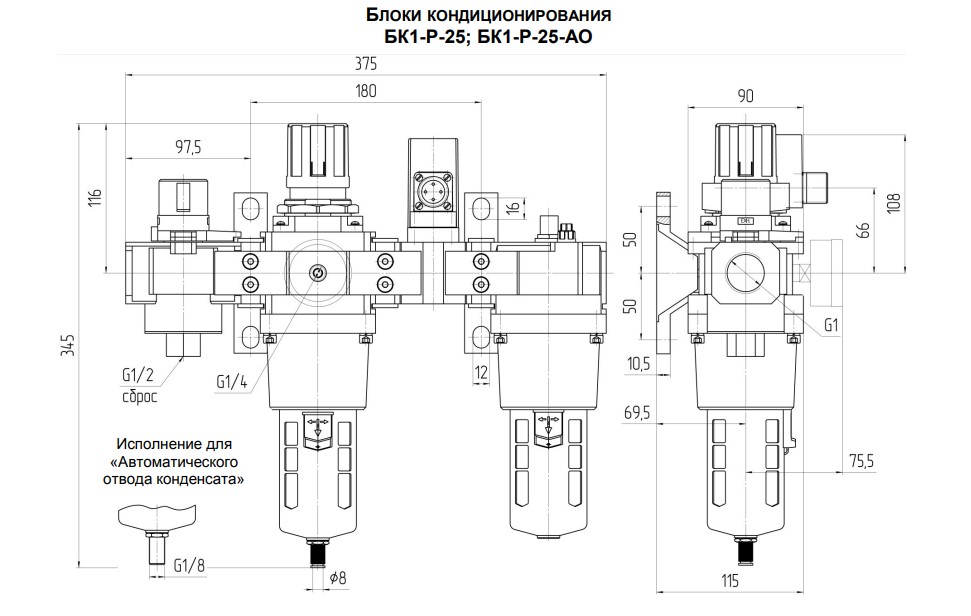 Габаритные и присоединительные размеры блоков кондиционирования БК1-Р-25