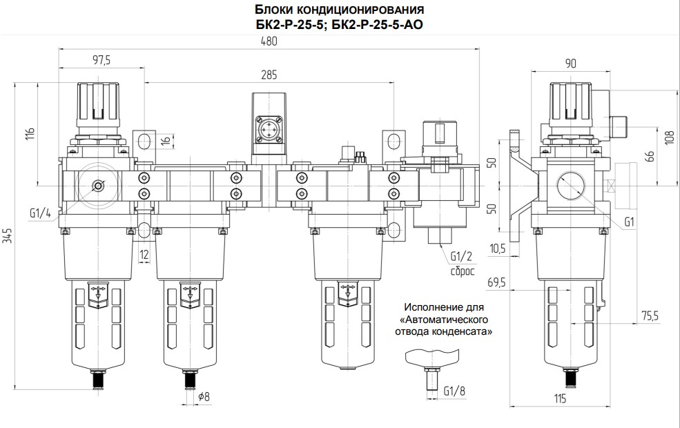 Габаритные и присоединительные размеры блоков кондиционирования БК2-25-5