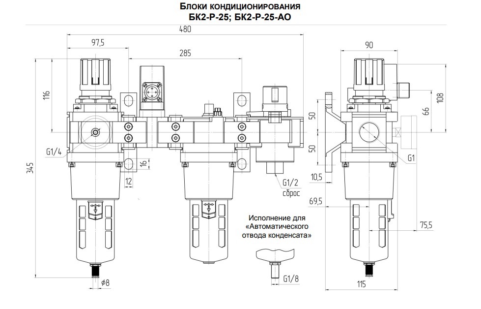 Габаритные и присоединительные размеры блоков кондиционирования БК2-25