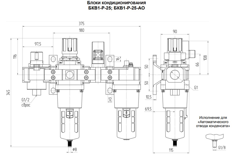 Габаритные и присоединительные размеры блоков кондиционирования БКВ1-Р-25