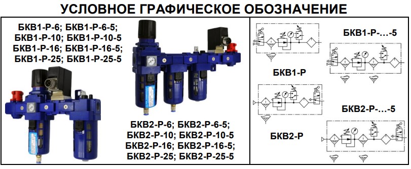 Условно-графическое обозначение блоков подготовки воздуха БКВ1(2)-Р с условным проходом (Ду) 6; 10; 16; 25 мм