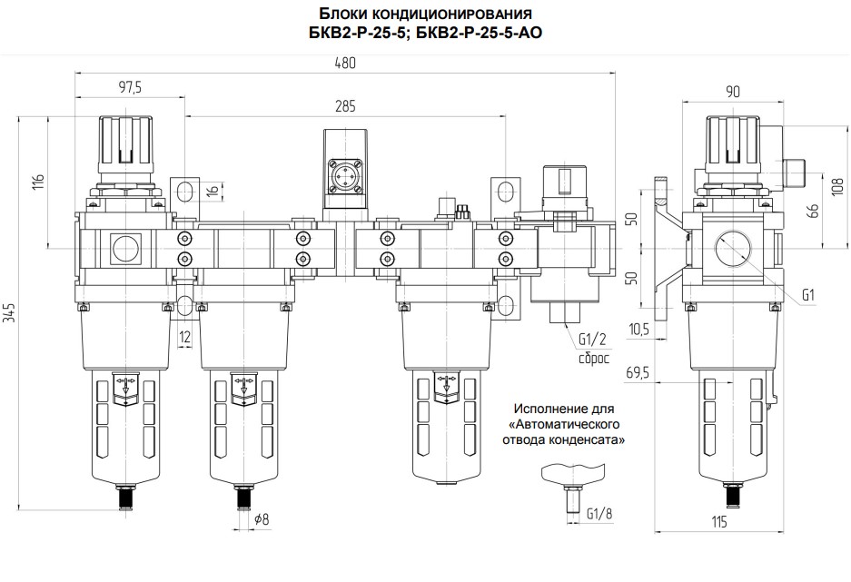 Габаритные и присоединительные размеры блоков кондиционирования БКВ2-25-5