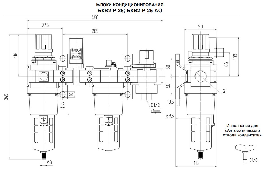 Габаритные и присоединительные размеры блоков кондиционирования БКВ2-25-5